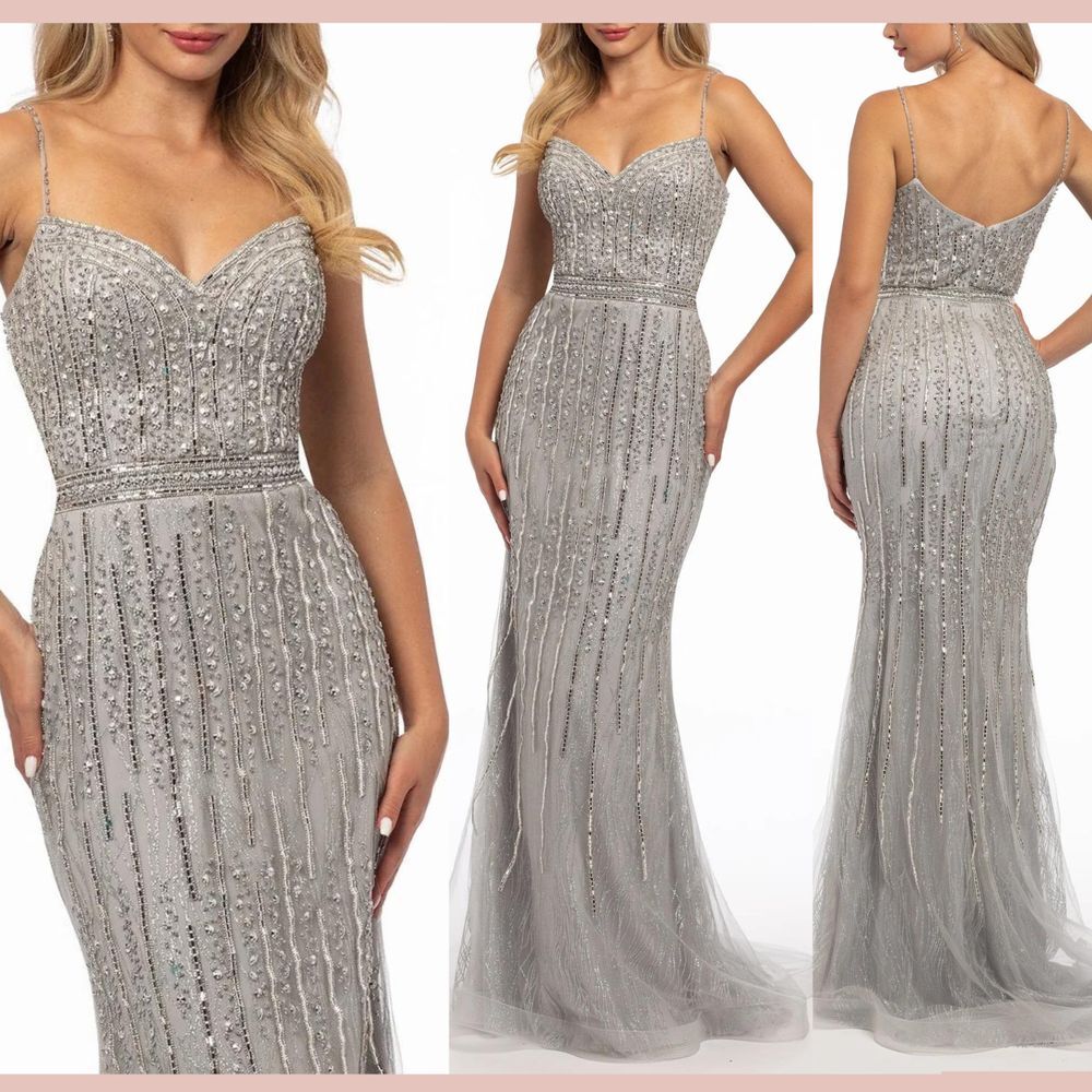 NWT $419 Camille La Vie [ 4 ] Rhinestone Glitter Sweetheart Trumpet Dress Silver